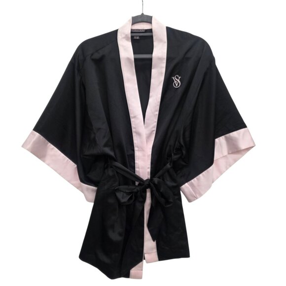 Victoria's Secret Other - Victoria's Secret black & pink satin short robe kimono One Size Belted